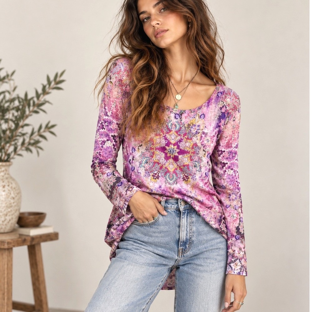 Y2K Boho One World Top Sz L Pink Purple Paisley Mandala Artsy Eclectic Festival